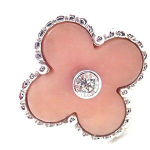 Authentic! Van Cleef & Arpels Alhambra 18k White Gold Pink Opal Diamond Ring